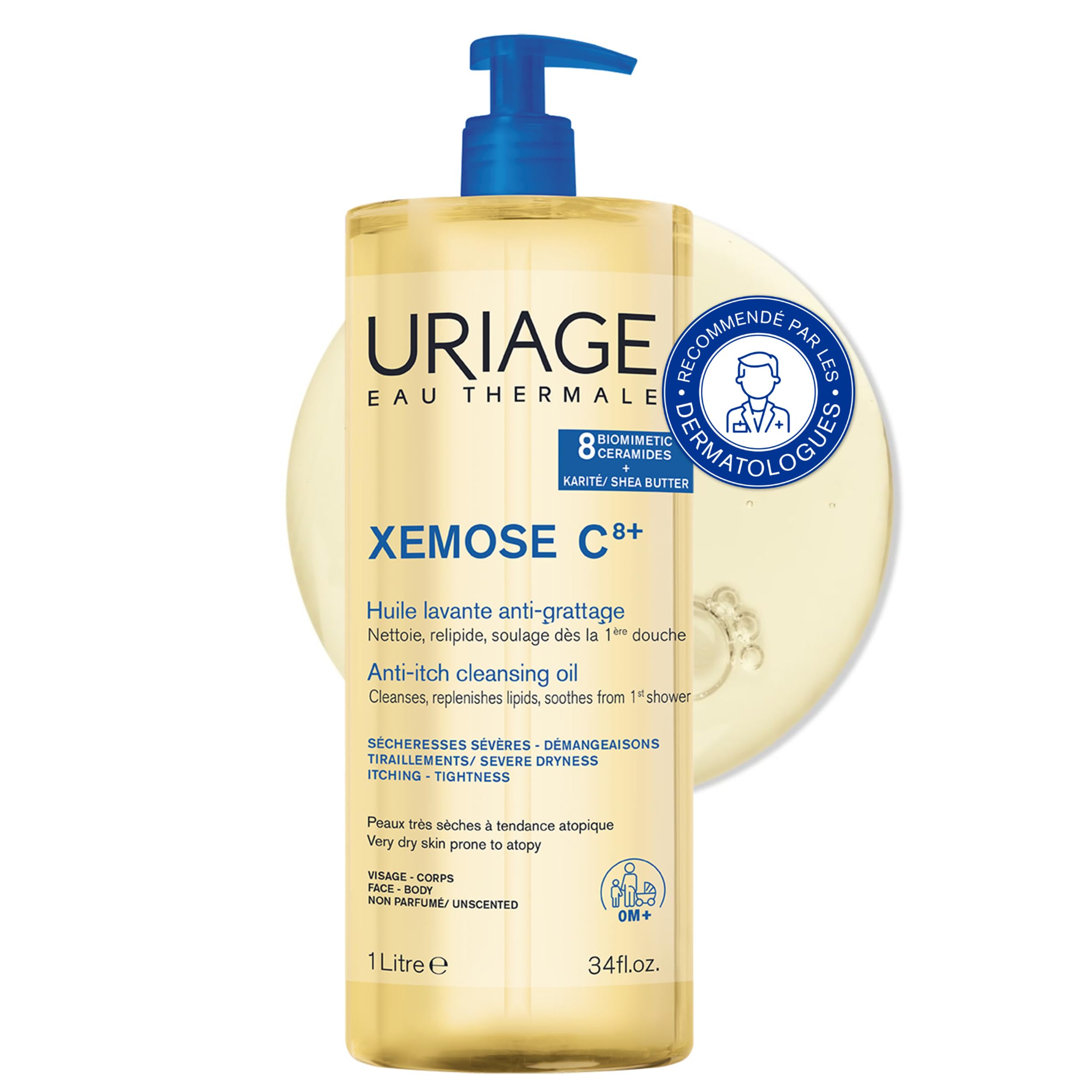 Uriage Xemose Huile Lavante peau sèche à tendance atopique I Nettoie et apaise les démangeaisons. Gel-en-Huile moussant, nourrissant I Visage & Corps I Non parfumée, Sans savon I pH physiologique