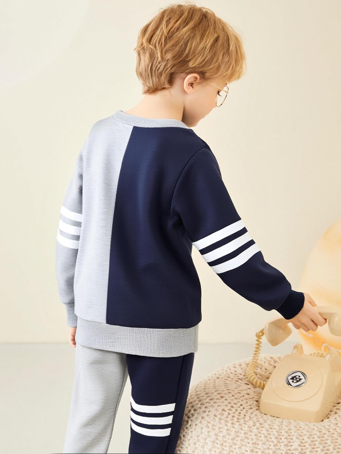 Toddler Boy Sweatsuit Stripe Long Sleeve Pull On Clothes Two Tone Tops and Pants Fall Winter Set 18-24 M(Dark Blue&Grey) - Image 9