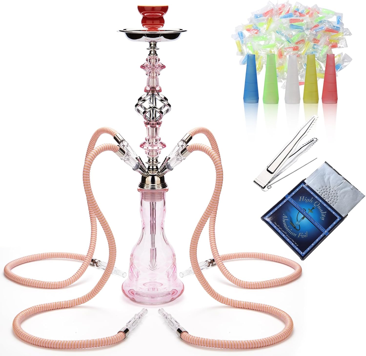 Hookah Set With Everything 4 Hose - GRENAOH 22" Premium Hookah Shisha set with Everything Glass Vase, Ceramic Bowl and Coal Tongs Ashtray (4-Pink)