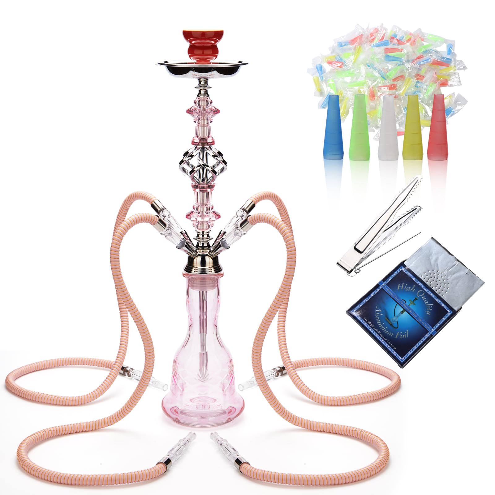 Hookah Set With Everything 4 Hose - GRENAOH 22" Premium Hookah Shisha set with Everything Glass Vase, Ceramic Bowl and Coal Tongs Ashtray (4-Pink)