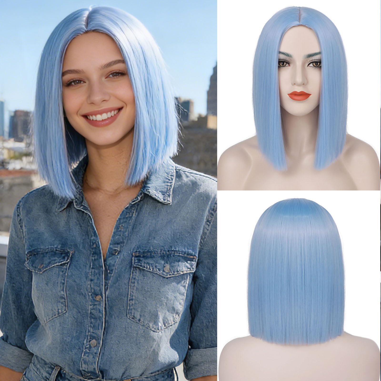 Tereshar Light Blue Wig For Women Short Straight Bob Without Bangs Middle Part Shoulder Length Heat Synthetic Party Wigs for Costume Cosplay Halloween