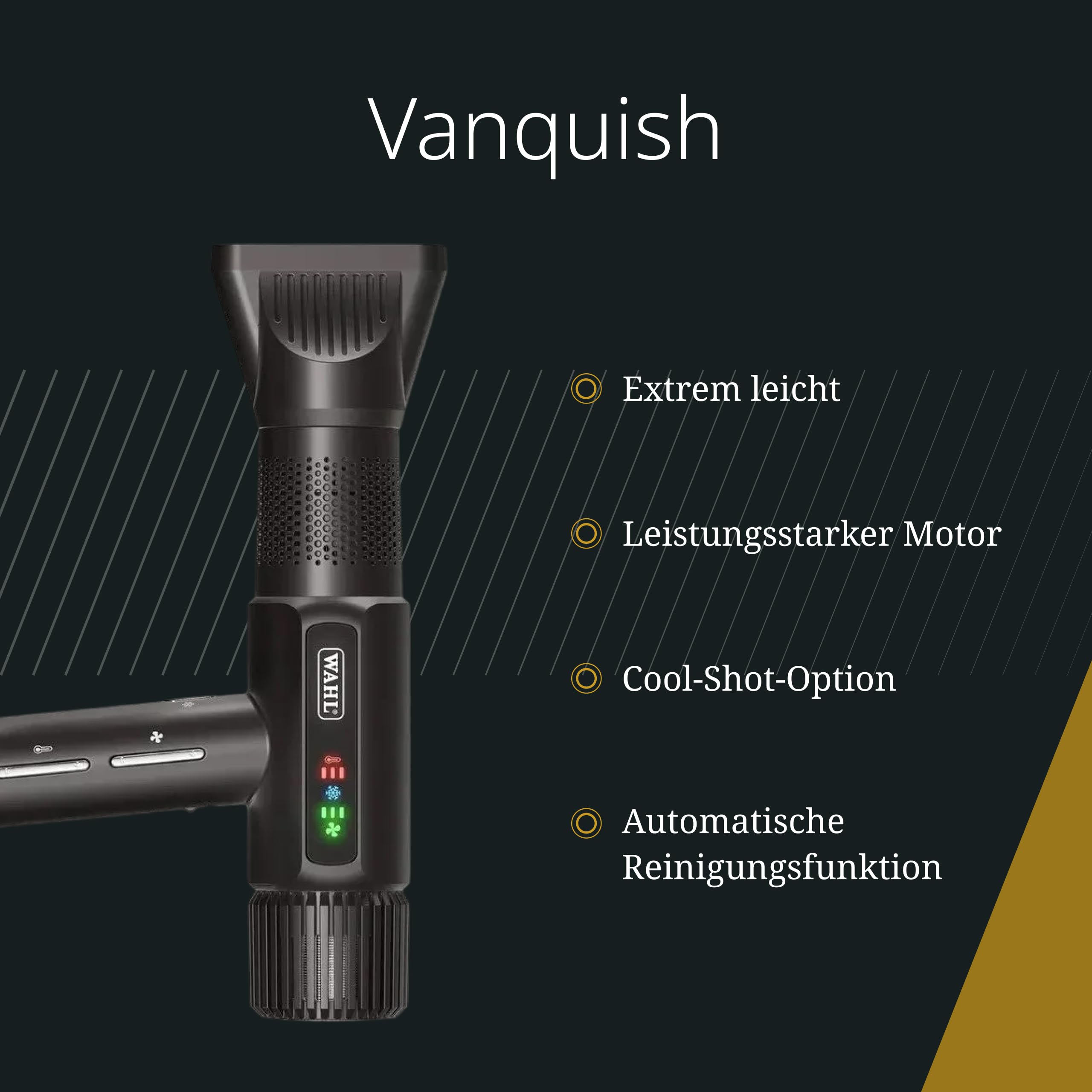 Wahl Vanquish, Professioneller Haartrockner mit magnetischen Aufsätzen | Profi-Haartrockner mit FlowControl-Technologie, 1600 W, 101.000 U/min, nur 320 g, ionisch, magnetische Düsen und Diffusor