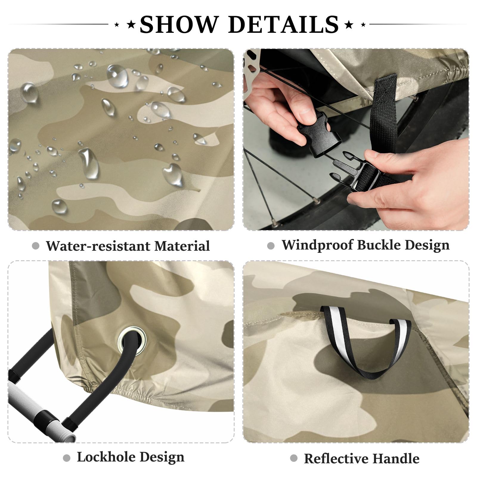 Housse de vélo imperméable pour vélo d'extérieur – Housse de pluie résistante au vent – Protection solaire pour VTT et vélo de route – Vert camouflage beige camouflage