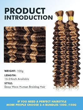 Human Braiding Hair for Boho Braids Ombre Highlight Curly Boho Hair for Braiding Knotless 12A Deep Wave Bulk Bohemian 2 Bundles/Pack Color P4/27 100g 16 Inch