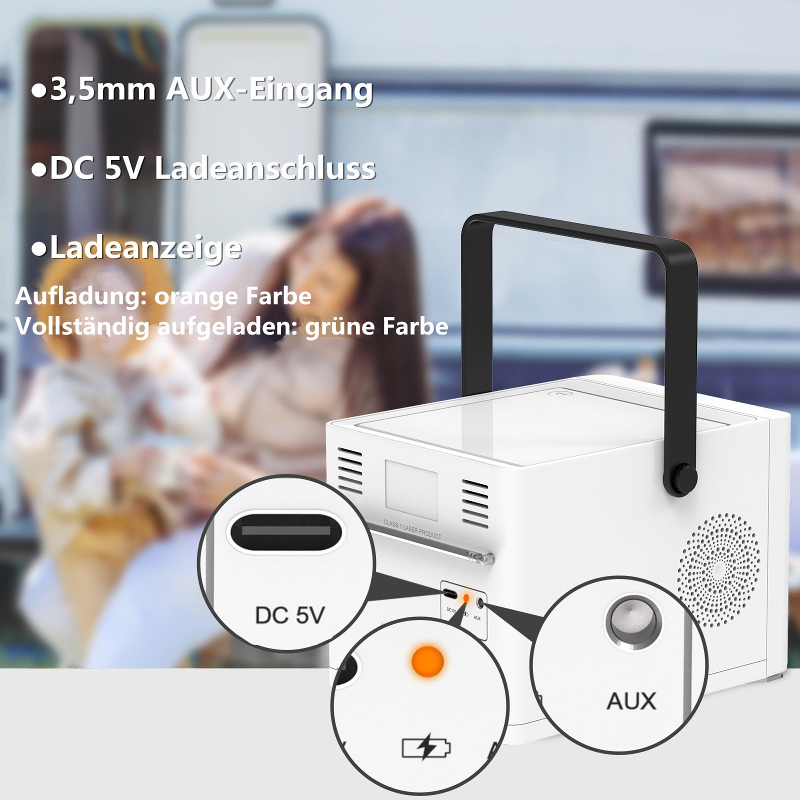 CD Player Tragbar mit Bluetooth, UKW Radio, 2000mAh wiederaufladbare Akku, MP3-Wiedergabe/USB/AUX-Eingang/Kopfhöreranschluss/Fernbedienung, 10W Lautsprecher, kompakter Tragbarer CD-Player, Weiß