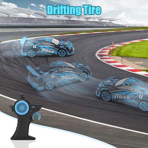 Miniatura 4 de FLYNOVA Auto de deriva azul a control remoto, juguetes para niños con luces LED brillantes, neumático de deriva y carreras, vehículo de acrobacias