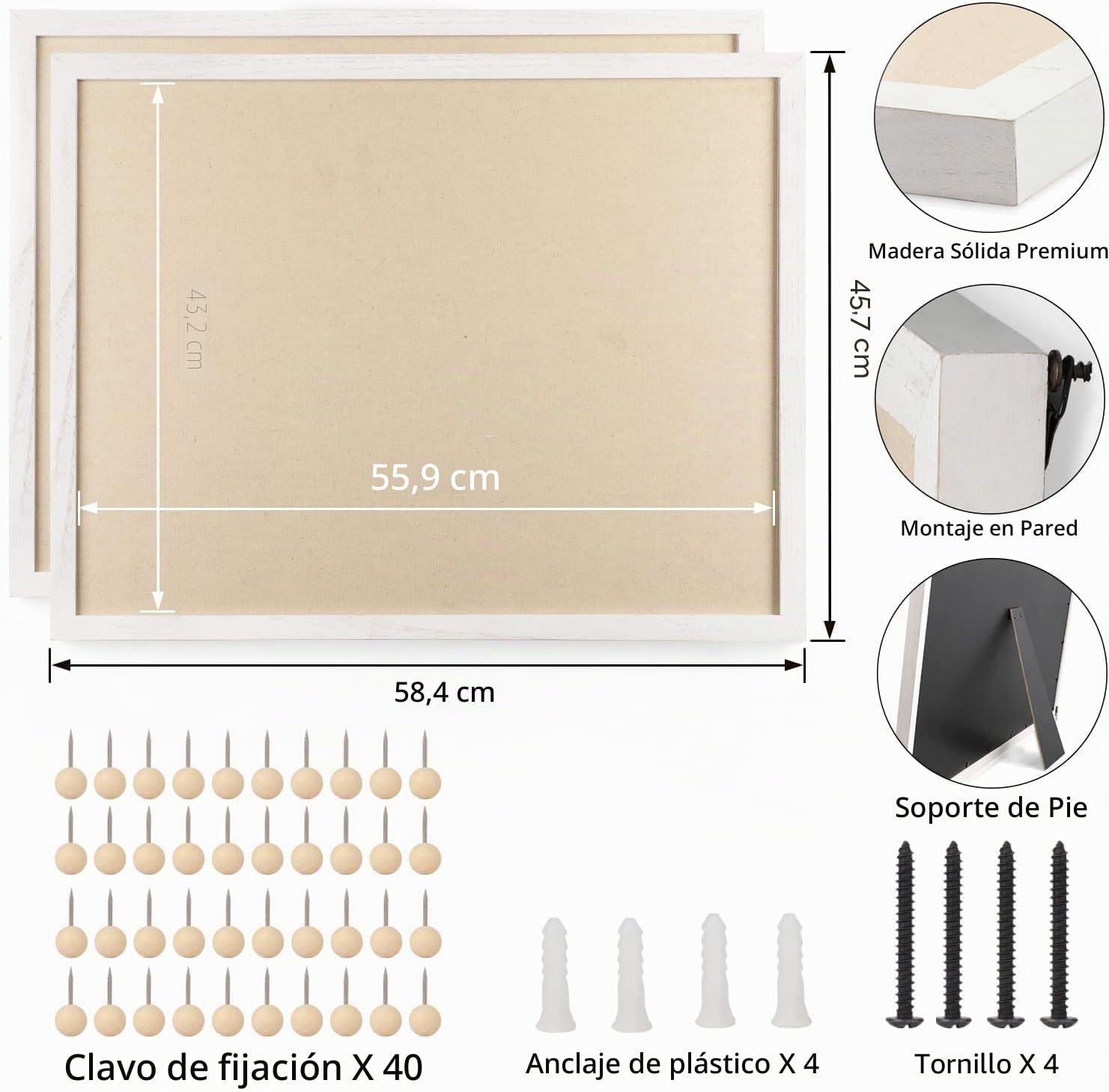 2 Piezas Tablero de Corcho 60 x 45cm, Corcho Pared con 40 Puntadas, Pizarra de Mensajes Suspendido Tiene Marcos de Madera para el Hogar, Sala de Estar, Cocina, Oficina, Escuela (Blanco)