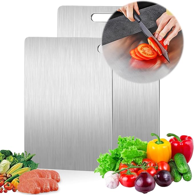 Titan Schneidebrett, 2 Stück Schneidebrett Edelstahl, Titan Chopping Board, Dickes Metallschneidebrett, Doppelseitiges Schneidebrett in Lebensmittelqualität, Auch als Nudelbrett, Backbrett,Teigbrett