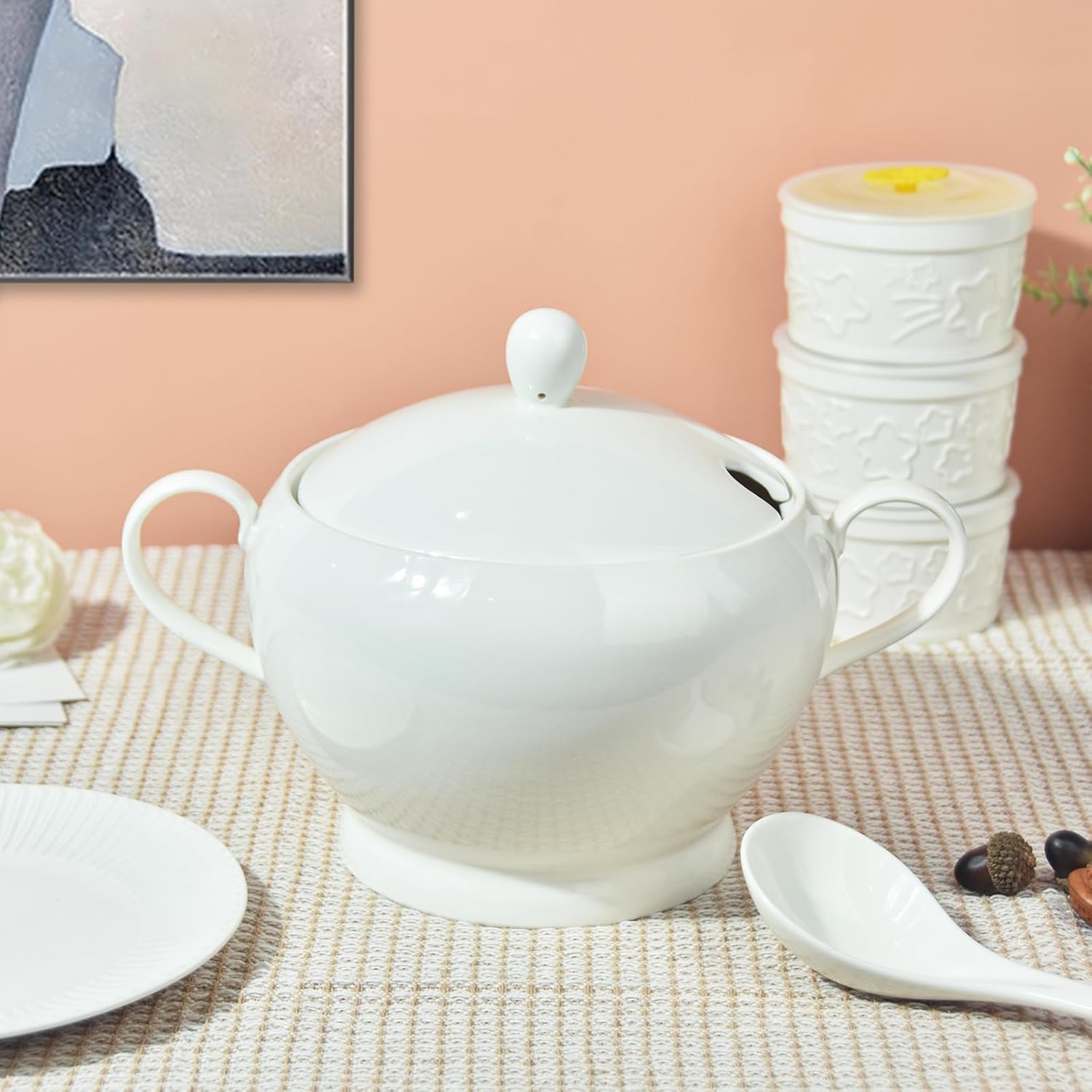 Soupière en céramique avec couvercle et louche - Grande capacité - 2,8 l - Avec poignées - Pour la maison, la cuisine, le dîner - Passe au micro-ondes et au four - Blanc