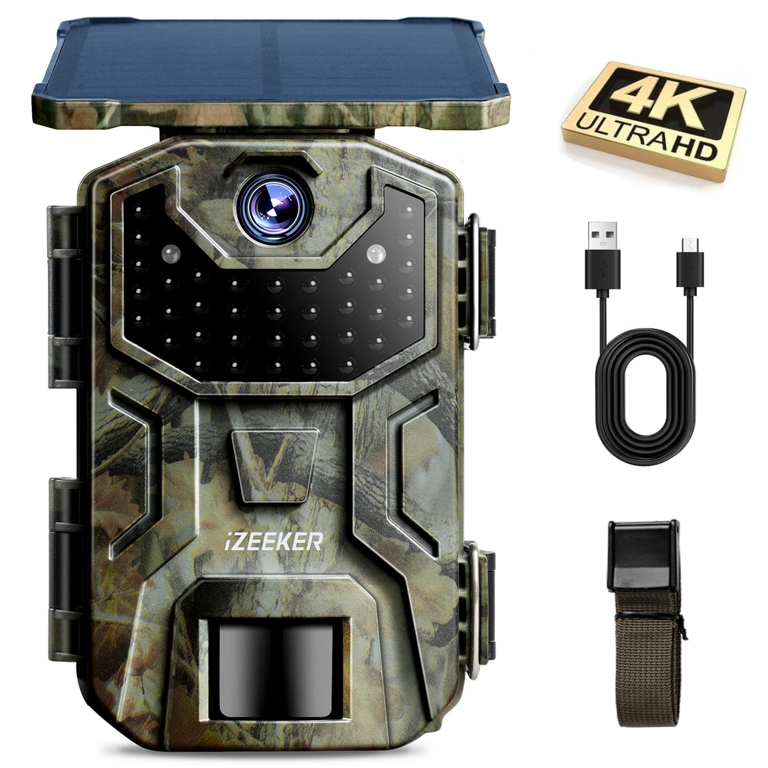 iZEEKER Solar Wildlife Camera 4K 30fps 48MP, Trail Camera with 2600mAh Battery, No WiFi, Night Vision Motion Activated, 0.1s Trigger Time, 2.0" built-in Screen, IP66 Waterproof for Wildlife Watching