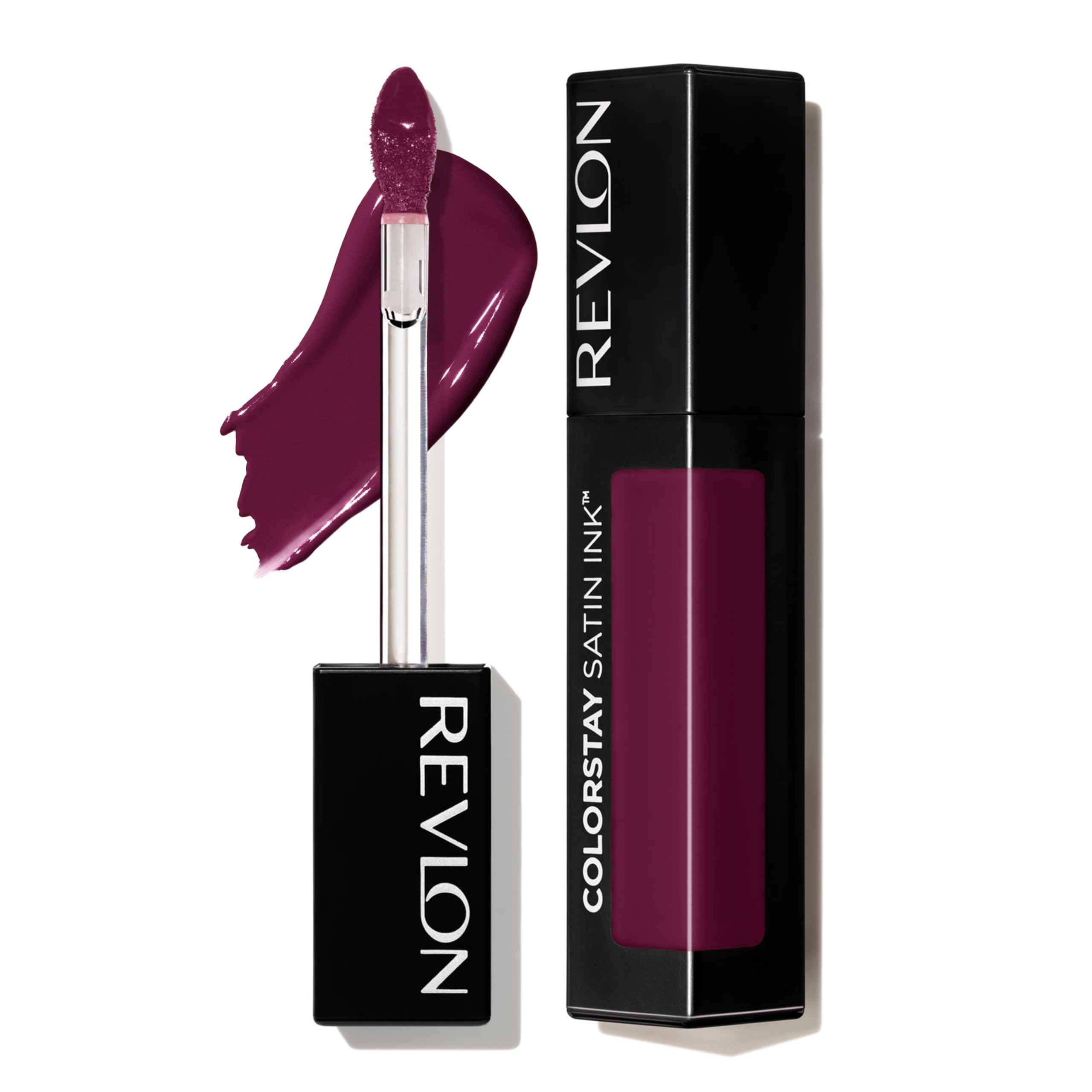Revlon, flüssiger Lippenstift, Gesichtsmakeup, ColorStay Satin Ink, langanhaltende kräftige Lippenfarben, formuliert mit schwarzem Johannisbeersamenöl, 022 Black Cherry, 0,17 ml