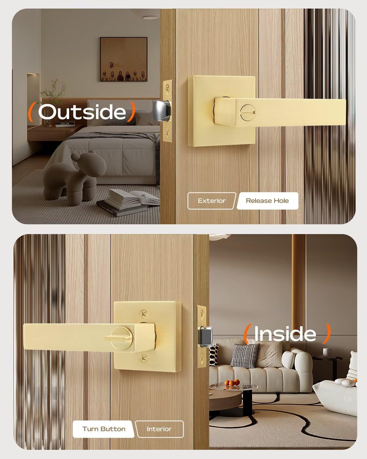 Leydebong 3 Pack Gold Door Knob with Lock, Door Handles for Bedroom, Bathroom Door Handles Interior, Gold Door Levers Interior for Left or Right Handed Doors