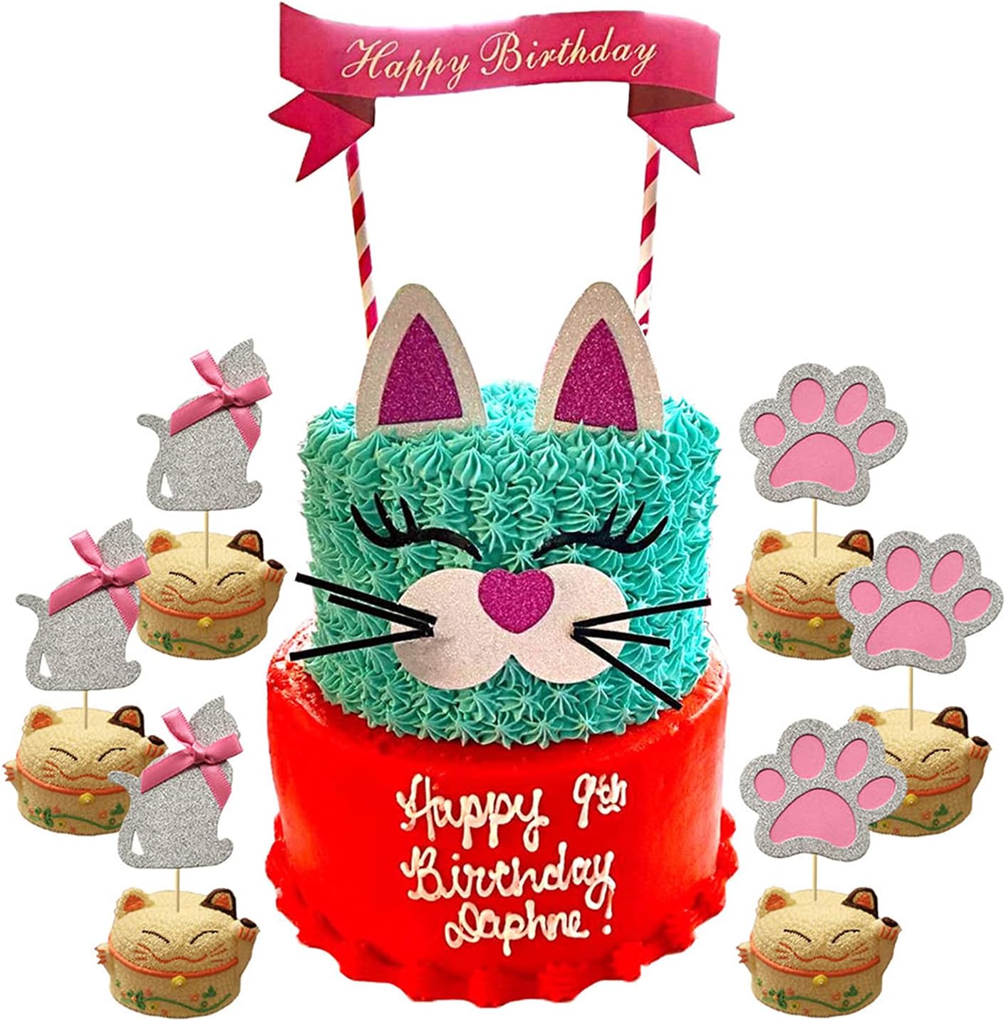 1Pcs Handmade Cat Cake Topper Decoration and 6Pcs Cat Cupcake Topper, Cake Decor And Birthday Party Picks