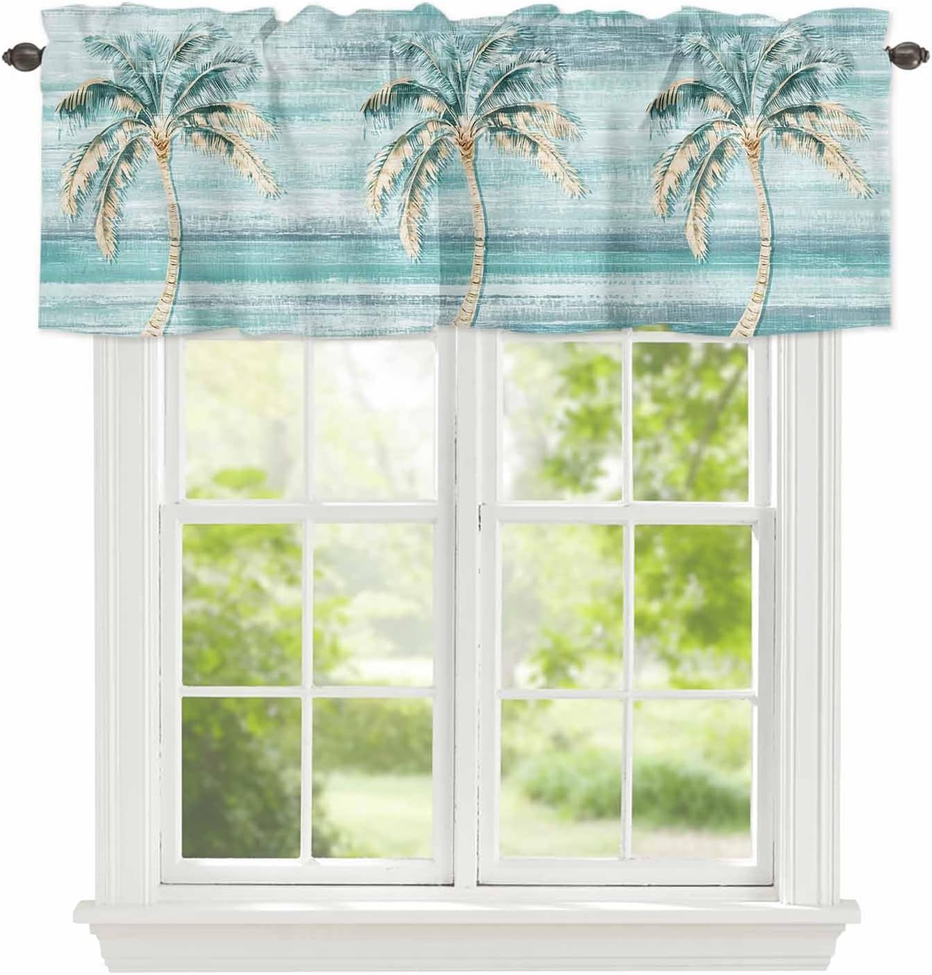 Palm Tree Valances for Windows, Rod Pocket Window Valance Curtain, Vintage Green Tree Light Filtering Short Curtain for Kitchen, Bathroom, Bedroom, 42x12 in