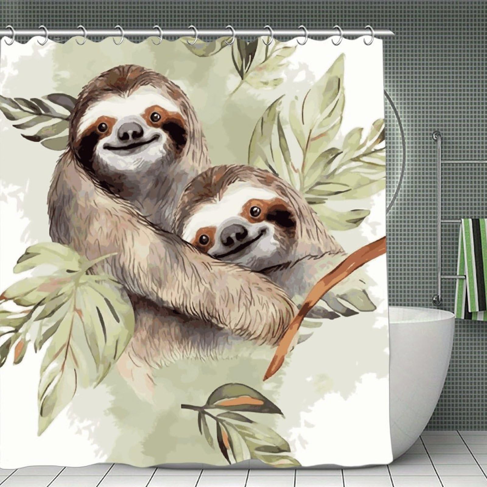 VstaDank Watercolor Sloth Shower Curtain 71x71 Heavy Duty Polyester Cloth Bath Curtain with Hooks Thick Waterproof Shower Liner Fun Magic Decorative Bathroom Curtains for Bathtub