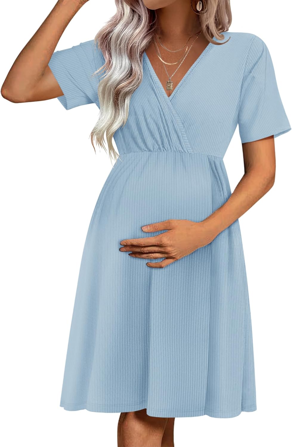 Ekouaer Maternity Nursing Dress V Neck Short Sleeve Breastfeeding Dresses Ribbed Knit Pregnancy Clothes S-XXL