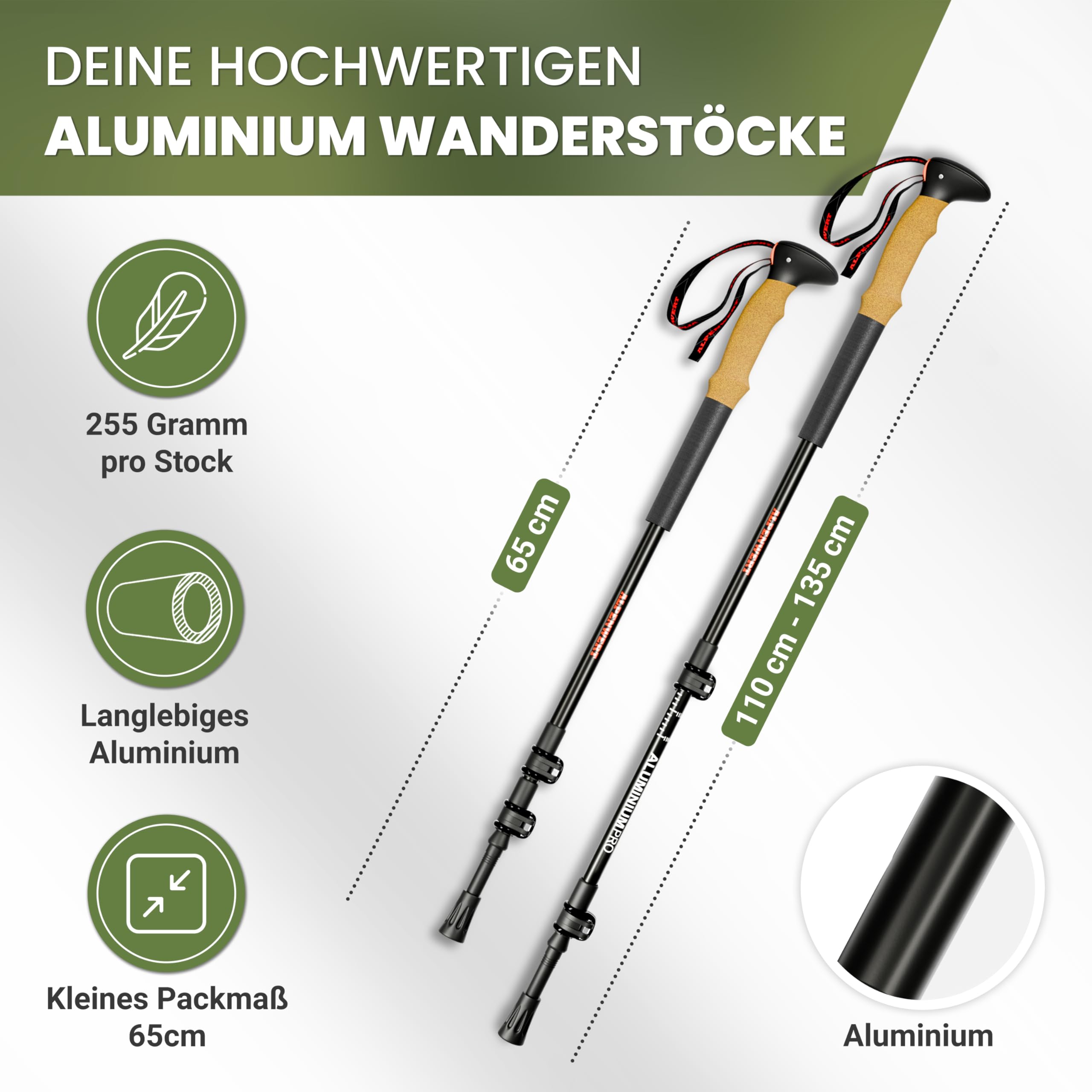 ALPENWERT Wanderstöcke [Carbon oder Aluminium] Walking Stöcke für Damen und Herren - Teleskop Trekkingstöcke mit Korkgriff zum Wandern, Nordic Walking und Skitouren