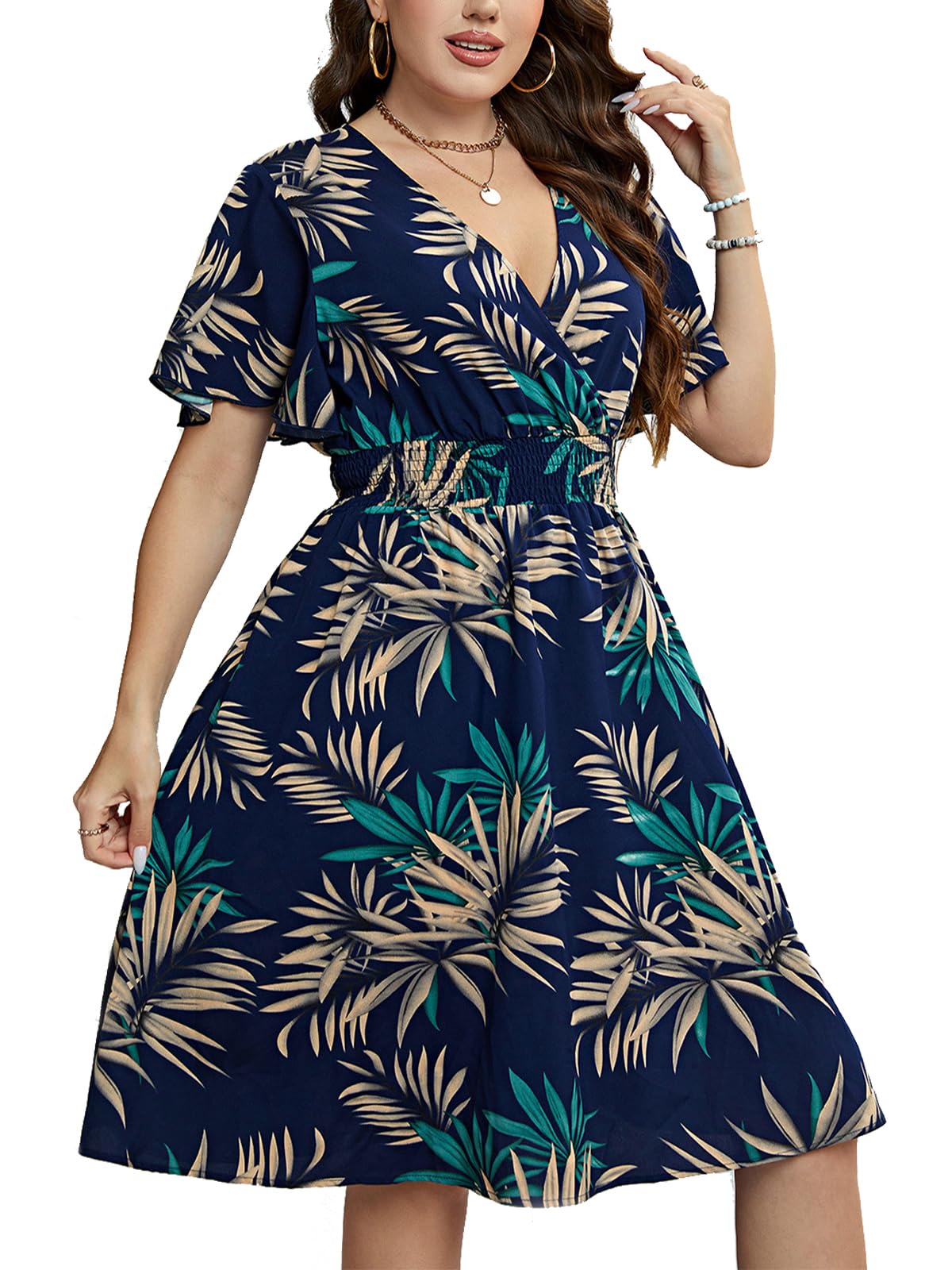 LIAMERHE Vestido Manga Corta Mujer Talla Grande Casual Verano Vestidos Cuello en V Elegante Vestido Largo hasta la Rodilla