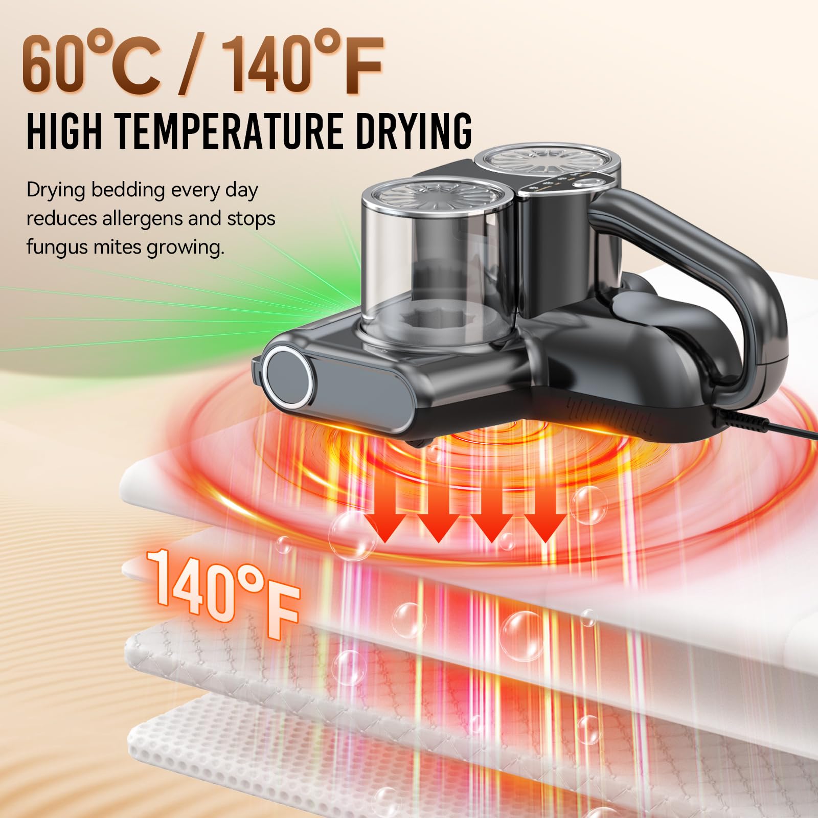 YUFAC Aspiratore per materassi con luce UV-C, 16Kpa Battimaterasso Aspirapolvere per Materassi luce sensore acaro della polvere, indicatore LED, ultrasuoni, Battitappeto per Divano, Tessuti e Letti