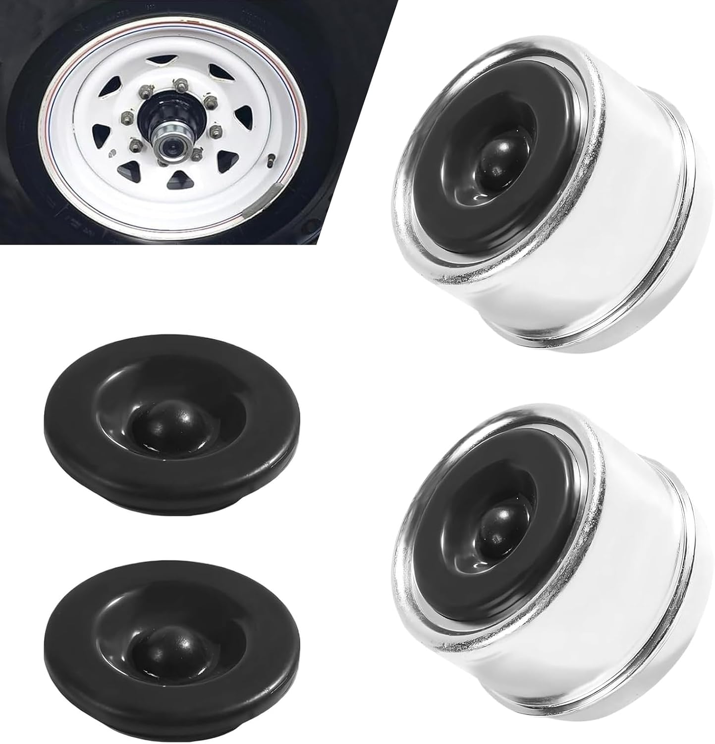 2 PCS Trailer Axle Dust Cover Cup, 1.98" Rust-proof Grease Cover with Extra 2 Rubber Seal Plugs, Wheel Center and Bearing Shield, Universal for Most 2000 to 3500 Pound Axles (Silver)