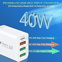 Vista 2 de Bloque de cargador USB C QC3.0 de 40 W, adaptador de alimentación PD+QC de 4 puertos, bloques de carga rápida, enchufe de pared USB C, multipuerto