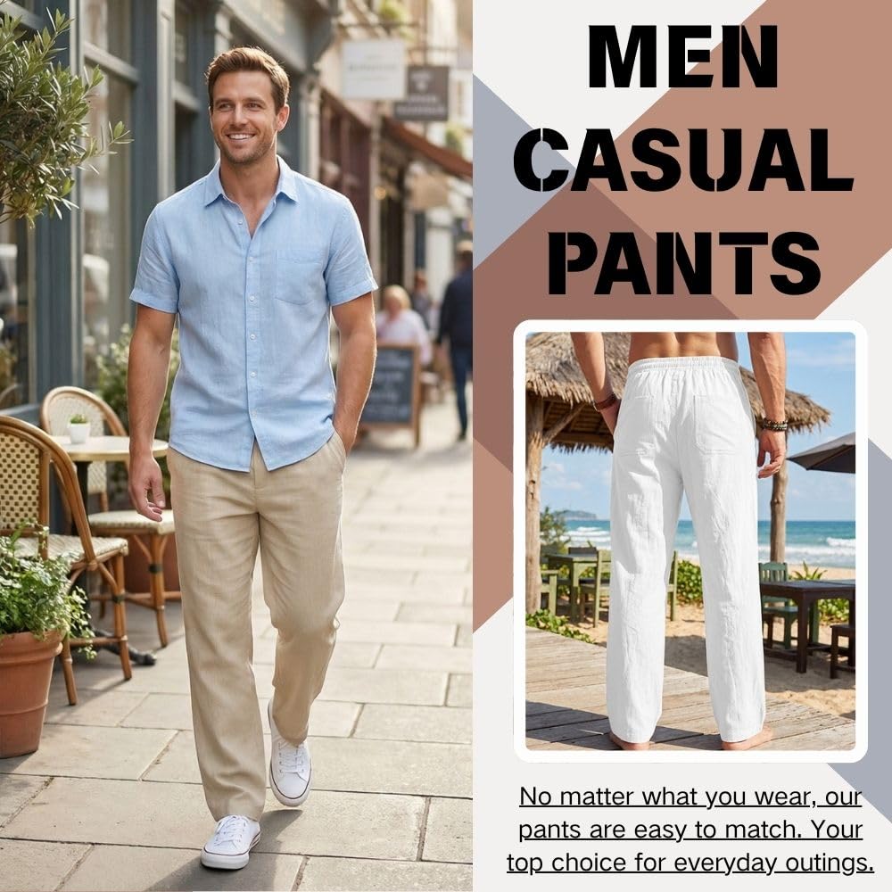 Pantaloni estivi da uomo in lino, con coulisse, leggeri, vestibilità larga, da spiaggia, casual, in cotone