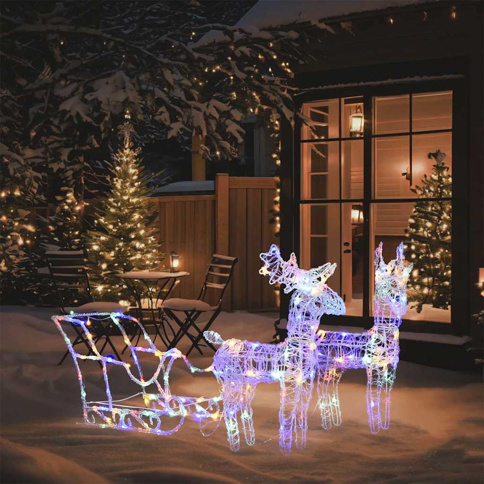 Gecheer Rentiere & Schlitten Weihnachtsdekoration 160 LEDs 130 cm Acryl, Weihnachtsdekoration für Weihnachtsmarkt Festliche Eventdekoration Garten Rasen Terrasse Vorgarten Fassade328522