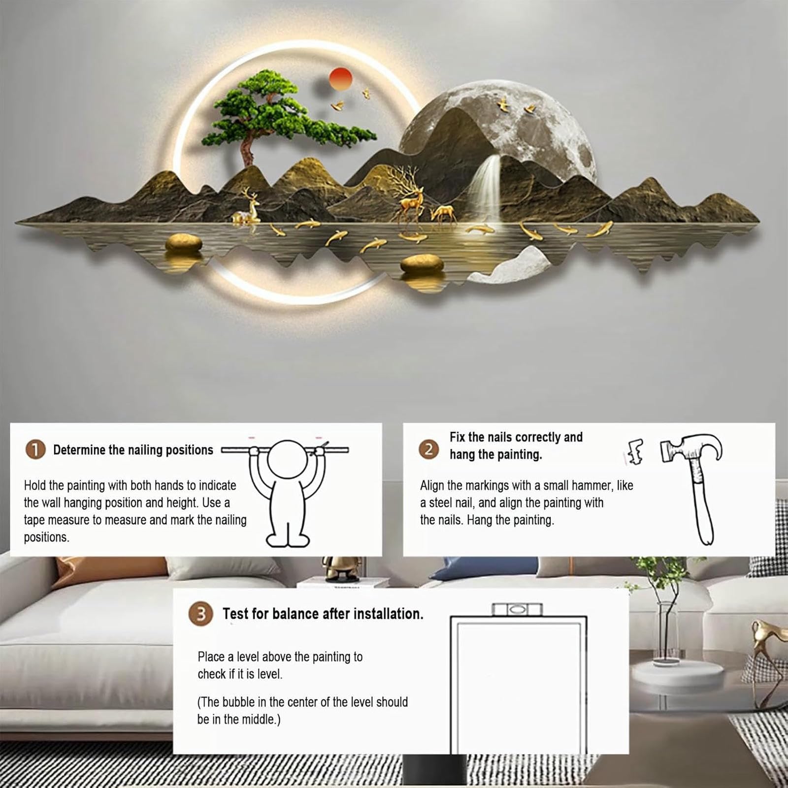 Dekoratives Gemälde mit LED-Licht, 3D-Wandkunst, Dekoration für Schlafzimmer, Wohnzimmer, moderne Heimdekoration