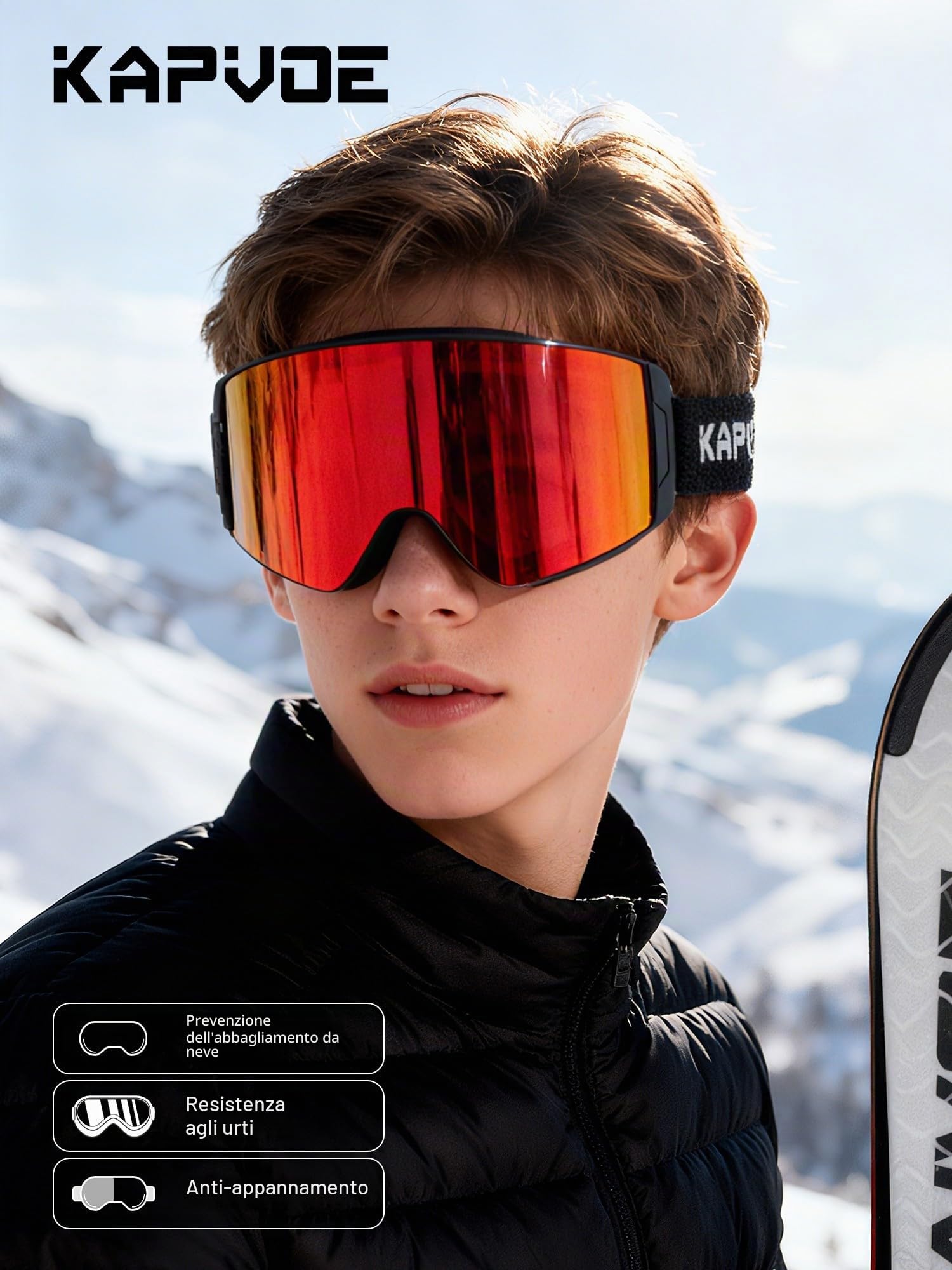 KAPVOE Maschera da Sci Uomo Donna OTG Anti-Nebbia Occhiali da Snowboard con Lenti Magnetiche Intercambiabili, Protezione UV400 K718