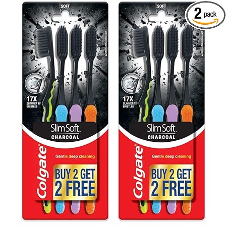 Colgate SlimSoft Charcoal Soft Black Bristles Toothbrush, 8 Pcs (Buy4 Get 4), Soft Bristles for Gentle Deep Cleaning