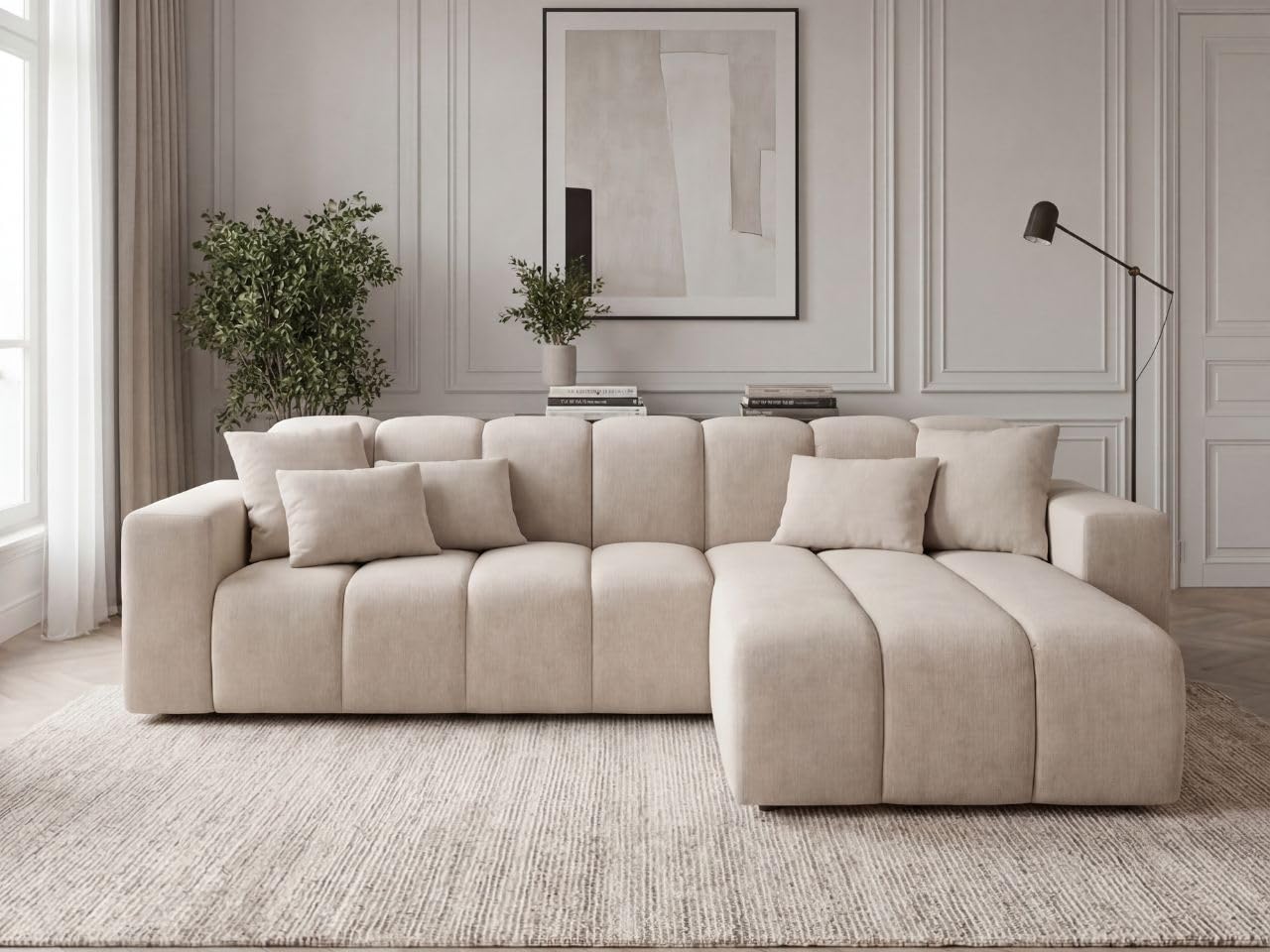 GRAINGOLD Nork Ecksofa 265x180 cm, L-Form Sofa, Ecksofa für Wohnzimmer, Velour, 4-Sitzer Eckcouch, Modernes Design (Beige, Rechts)