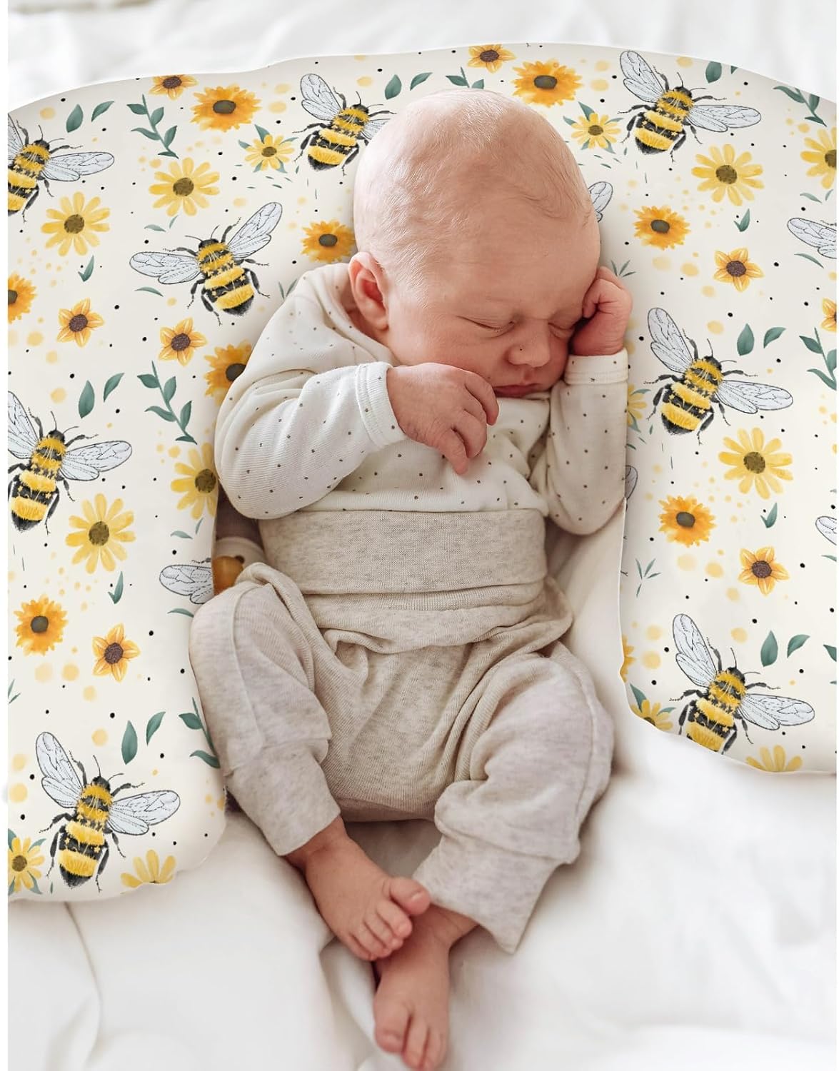 Boho Bees Sunflowers Baby Nursing Pillow Covers for Boy Girl Watercolor Bee Yellow Floral Nursing Pillowcase for Breastfeeding Pillows Spring Summer Soft Stretchy Slipcovers for Newborn Infant