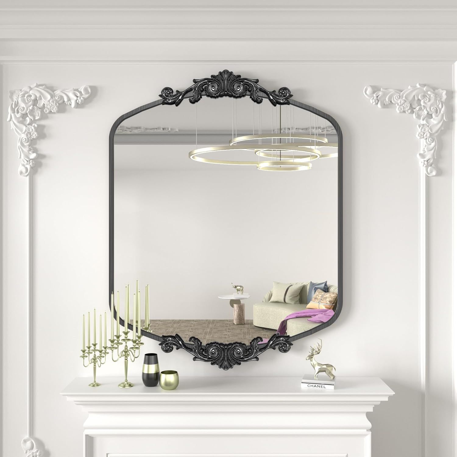 SMIROR Arched Baroque Mirror 48x 32, Black Arch Vintage Mirror for Wall, Antique, Metal Framed, Bathroom, Vanity, Mantel Black 48"L x 32"W