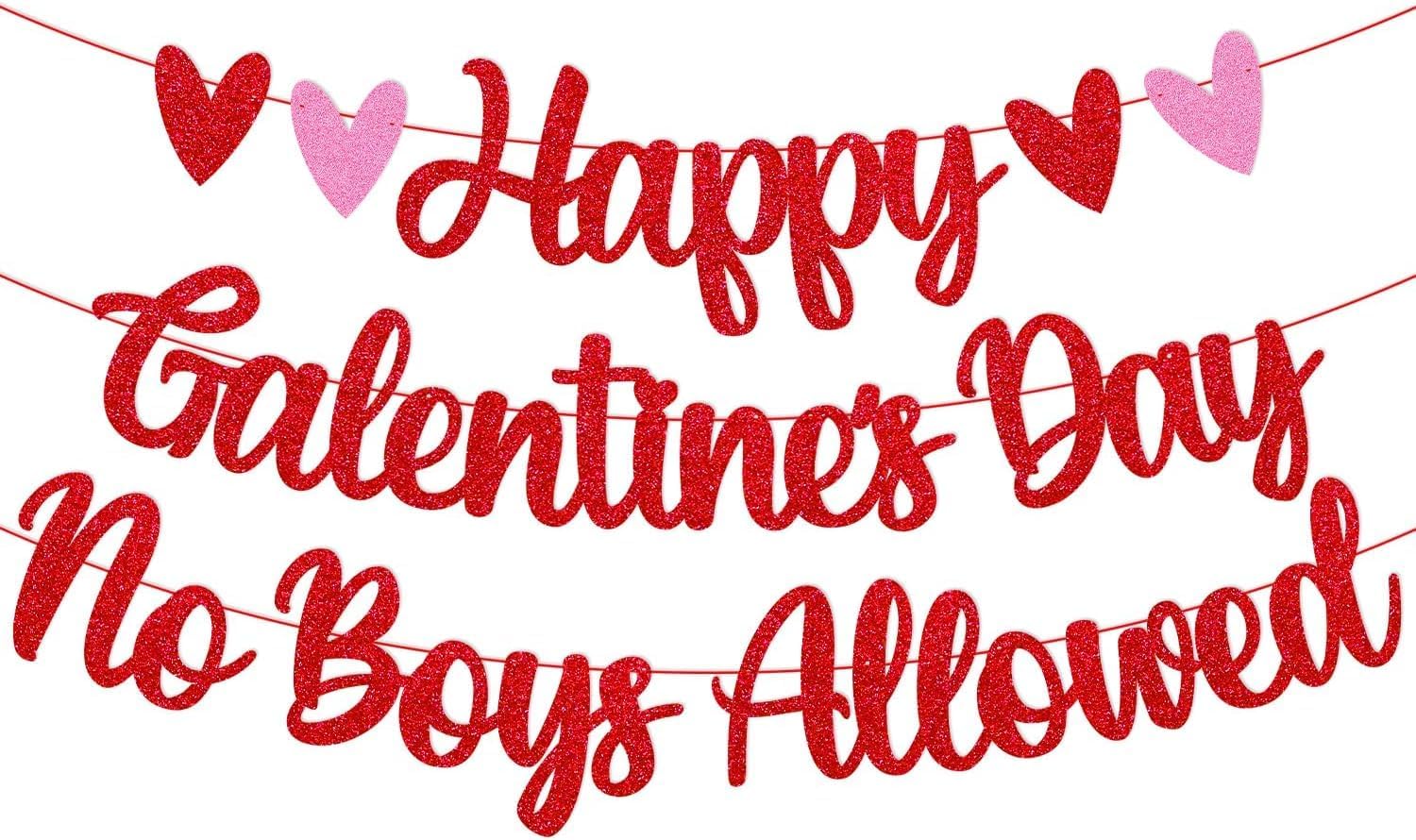 Happy Galentines Day No Boys Allowed Banner Galentine's Day Decoration Happy Valentine's Day Romantic Gal Pals Party Backdrop for Girls Women Red Glitter Decor