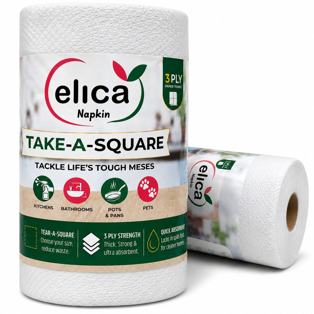 Elica 3 Ply Take-A-Square Paper Towel Roll | 3 Sheets Sizes - Full Half Quarter | Absorbent Tissues for Kitchens, Bathrooms, Pots & Pans, Pets, and for Daily Use (Pack of 2 Rolls Total 304 Sheets)-image-22