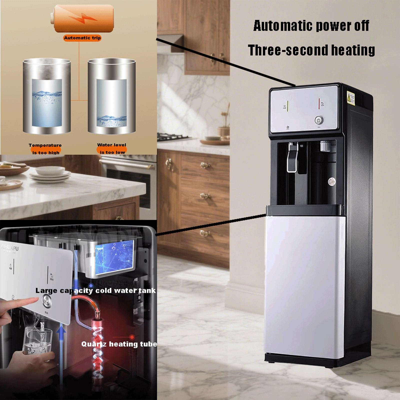 Dispensador de Agua Independiente con alimentación de Red Enfriador de Agua de Doble función con Hielo y Agua Caliente con divisiones extraíbles y Armario de Almacenamiento Dispensadores de Agua pie