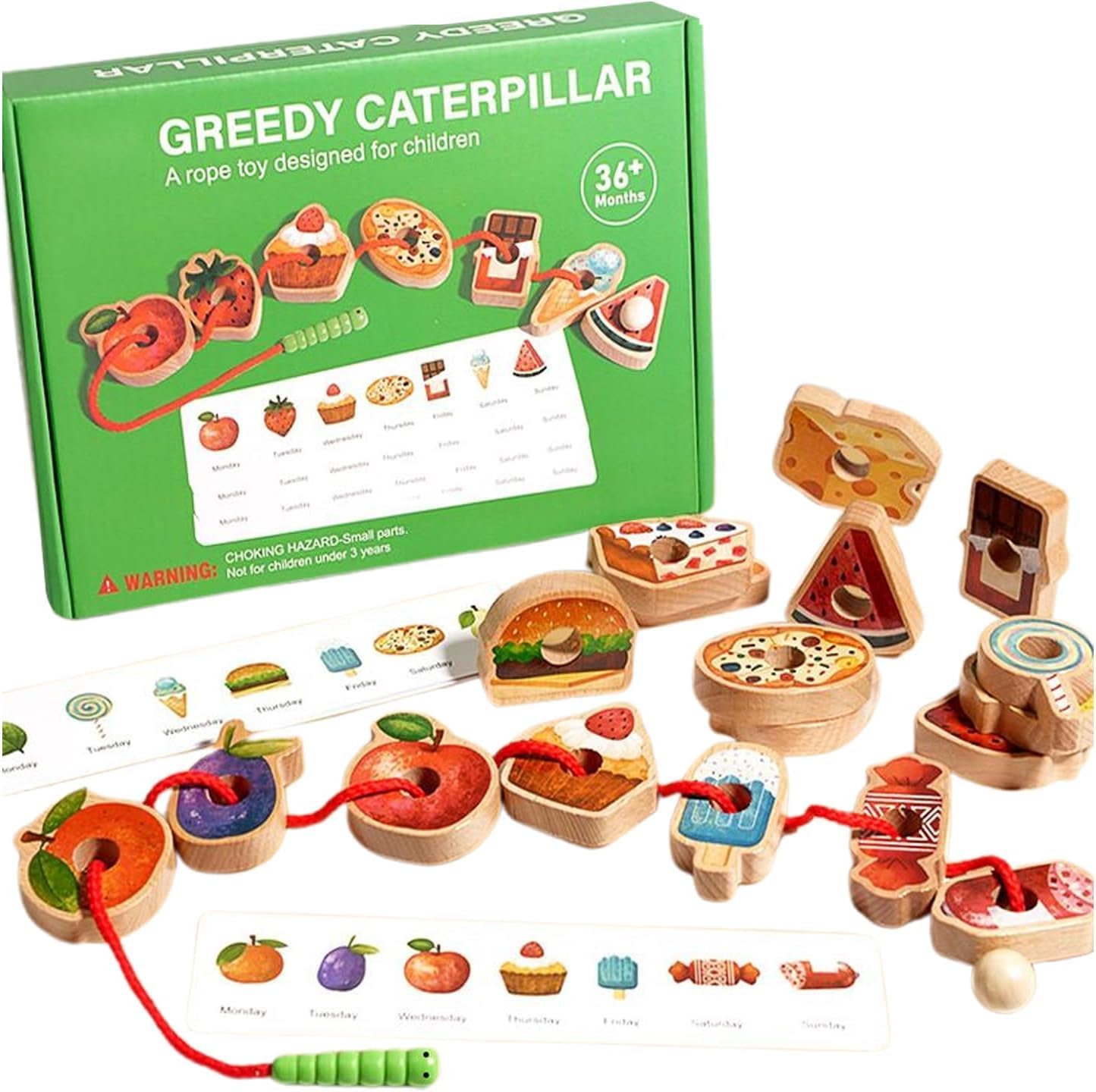 2025 New Upgrade Wooden Greedy Caterpillar Rope Toy, Fruit & Vegetable Caterpillar Lacing Bead String Game, Montessori Fine Motor Skills Farm Toys for 3+ Year Old