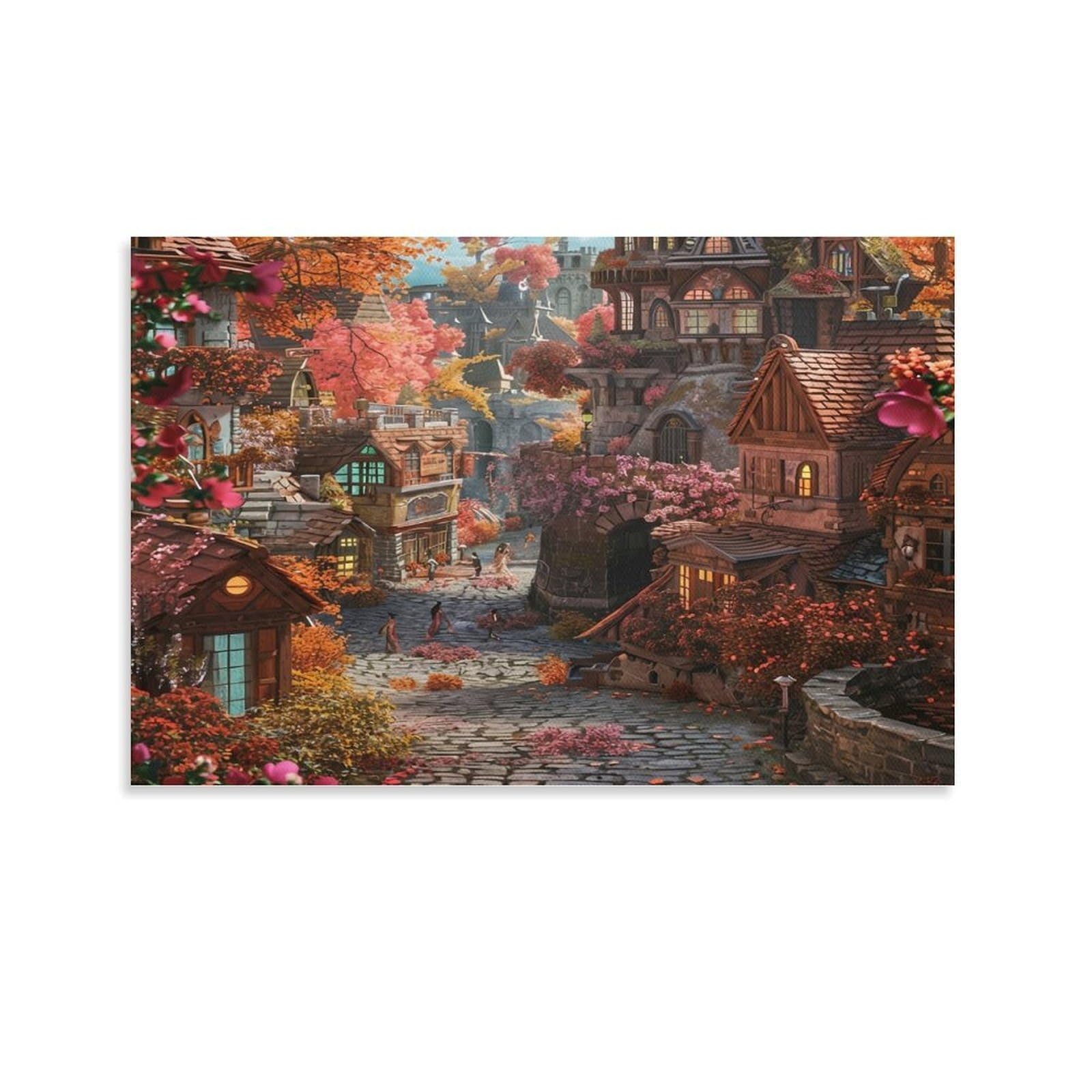 CPLVKWRQJ Autumn Fantasy Village Individual Autumn Fantasy Village Scene Canvas Wall Hanging - Office Wall Focal Art Fade Resistant Statement Piece Decor 16x24inch(40x60cm)