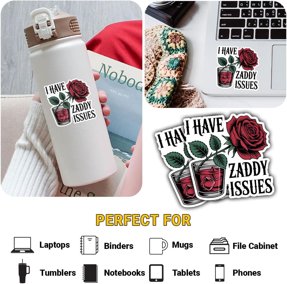 3 Pcs I Have Zaddy Issues Sticker, Funny Flirty Rose and Whiskey Glass Quote Vinyl Decal Waterproof for Laptop, Tumbler, Phone, Notebook, Gift for Sassy Women, Friends, Girlfriends 3 Inch image 2