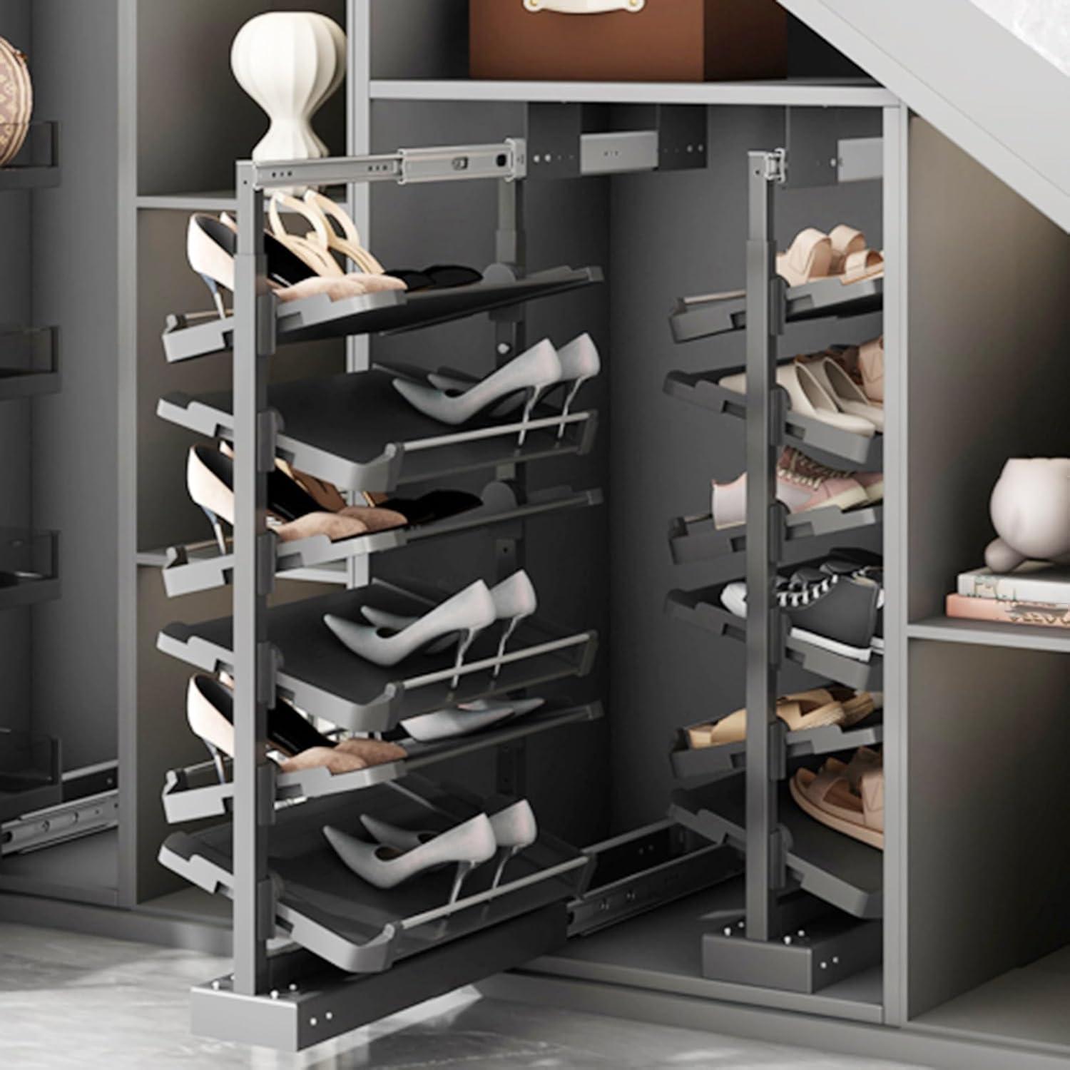 Pull-Out Shoe Rack for Mounted Closet,Wardrobe Expanding Shoe Cabinet,Adjustable Height Retractable Metal Vertical Shelf Organizer Space Saving Storage(D15IN_5 TIER)