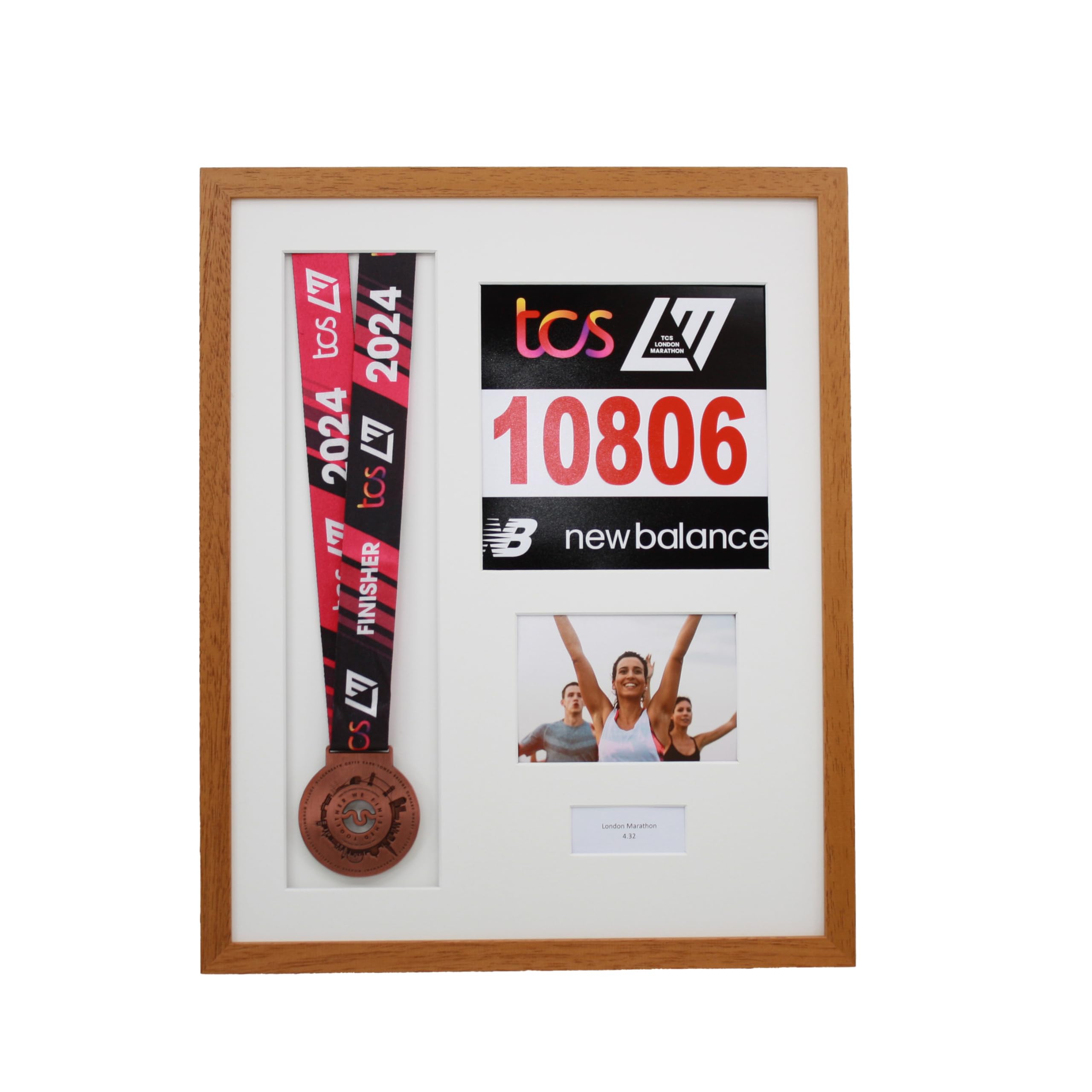 Personalised Medal display Frame with Apertures for Medal, Race Bib, 6x4 Landscape Photo and Text. London Marathon 2025 | 2024 | Marathon Medal | (Oak Frame)