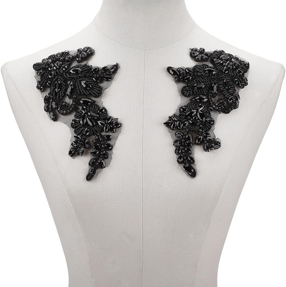 2Pcs Black Floral Rhinestone Applique Handmade 3D Flower Pearl Beaded Lace Trim Appliques Crystal Bead Embroidery Sew on Tulle Pathes for Sewing Making Dresses Bridal Wedding Gowns Clothes