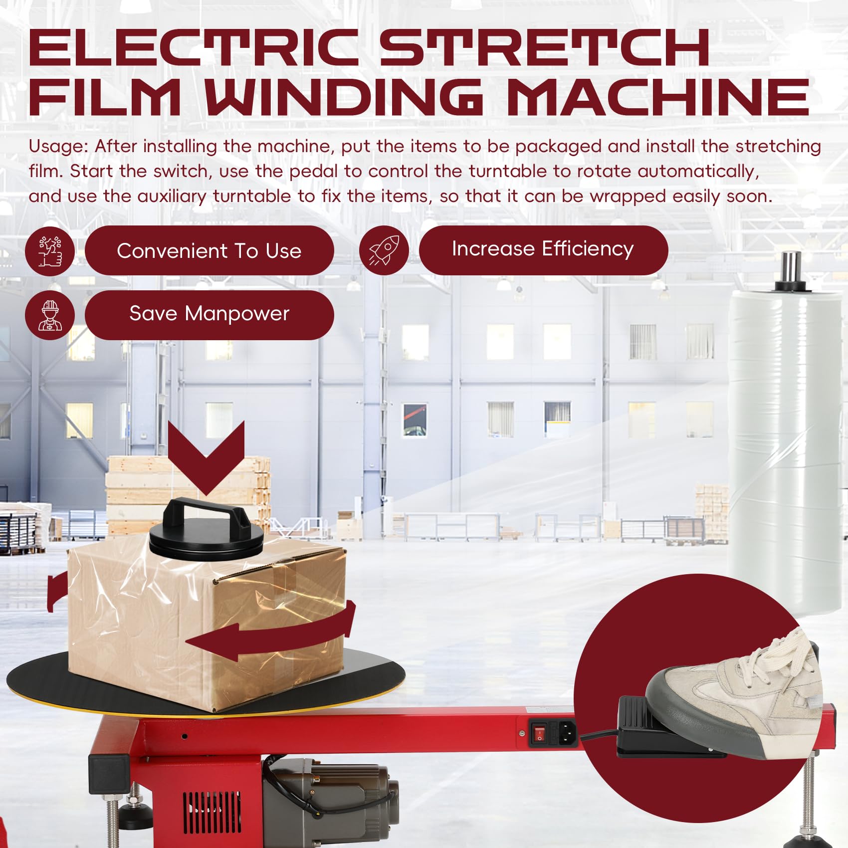 Máquina de envoltura eléctrica de película elástica de 110 V, máquina de envoltura de película elástica con enchufe estadounidense, máquina de envoltura de película resistente para películas de menos