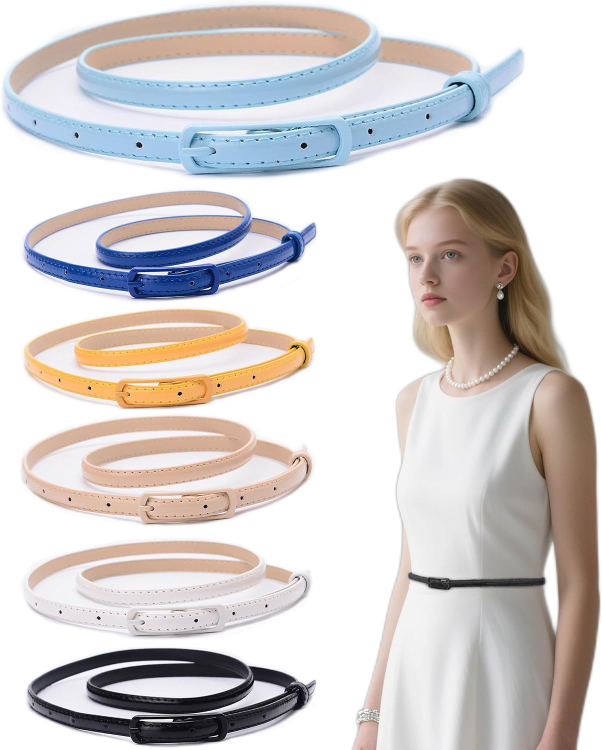 Women Skinny Belts 6 Pack, PU Leather Thin Waist Belts for Dresses, Jeans, Pants with Buckle, Fashion Slim Leather for outfit