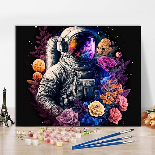 Pintura de astronauta por números de arcoíris, pintura abstracta de flores coloridas por números para adultos, kits de pintura por números para