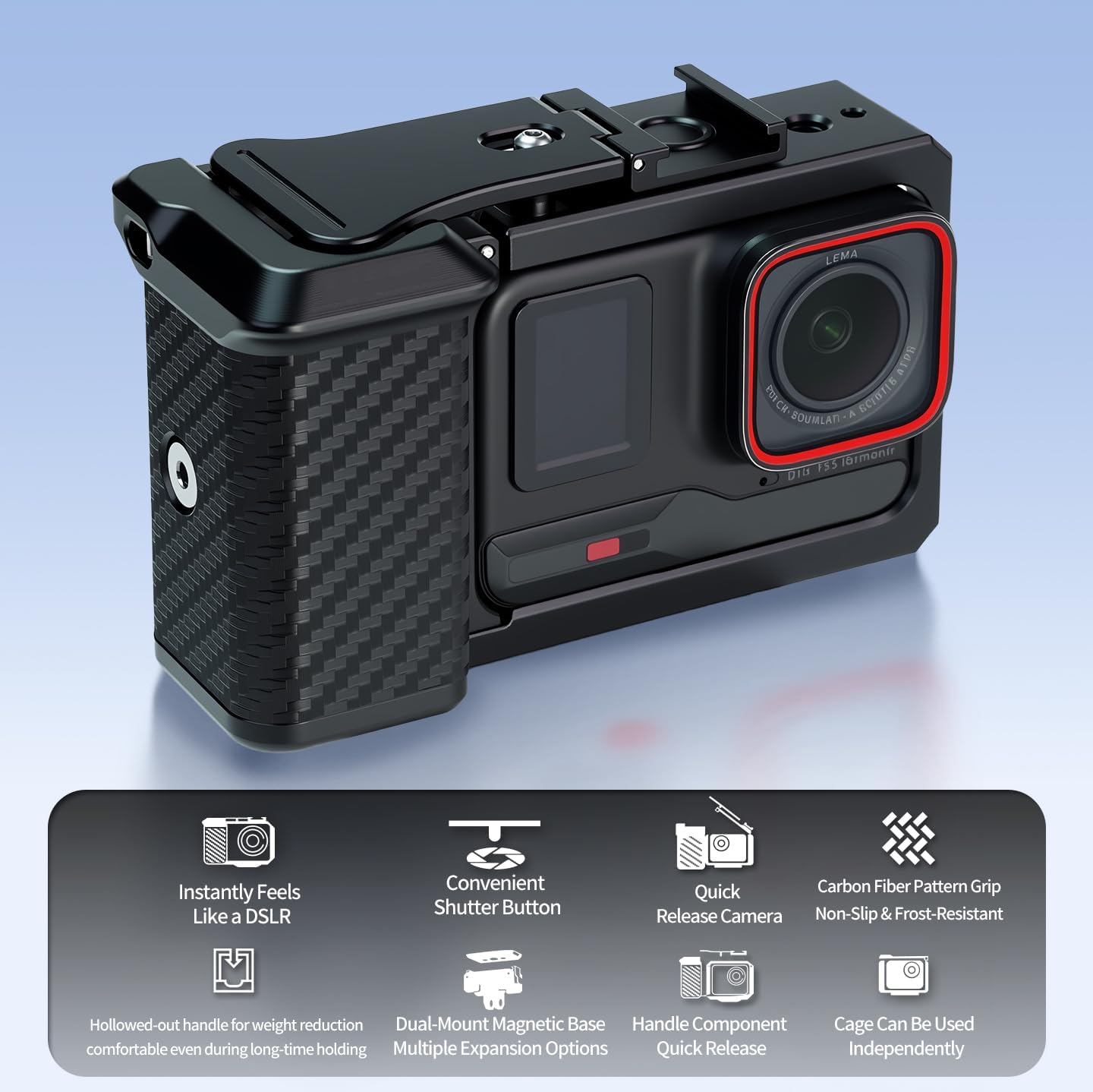 Action Camera Street Photograph Handle Grip Protective Frame Kit for Ace Pro 2, Aluminum Alloy Carbon Fiber Textured Shutter Grip (Standard Handle)