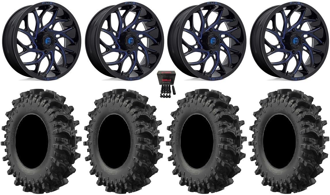 Bundle - 9 Items: Fuel Runner 24" Wheels Blue 35" MotoSlayer Tires [4x156 Bolt Pattern 3/8x24 Lug Kit]