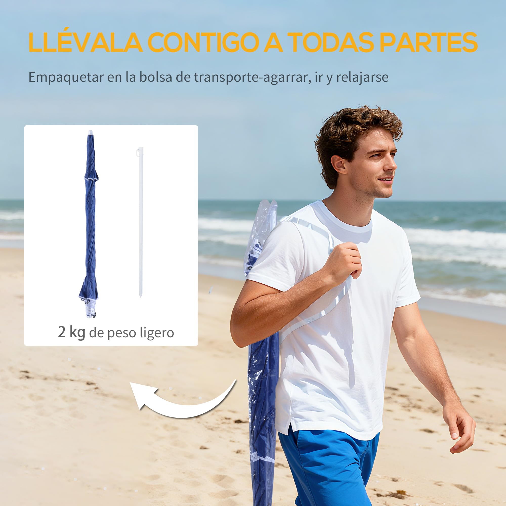 Outsunny Sombrilla de Playa 2 en 1 Parasol para Playa con 2 Paneles Laterales Toldo Portátil Anti-UV con Bolsa de Transporte para Jardín Piscina Ø210x222cm