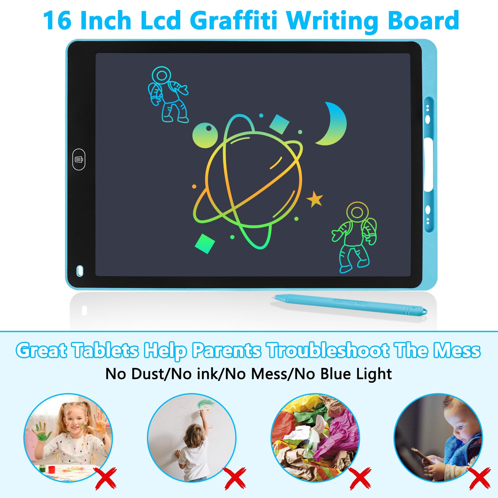 Tablette Dessin Enfant 16 Pouces Ardoise Magique LCD Colorée avec Verrouillage et Effacement Jouet Éducatif Filles Garçons 3-12 ans Bleu