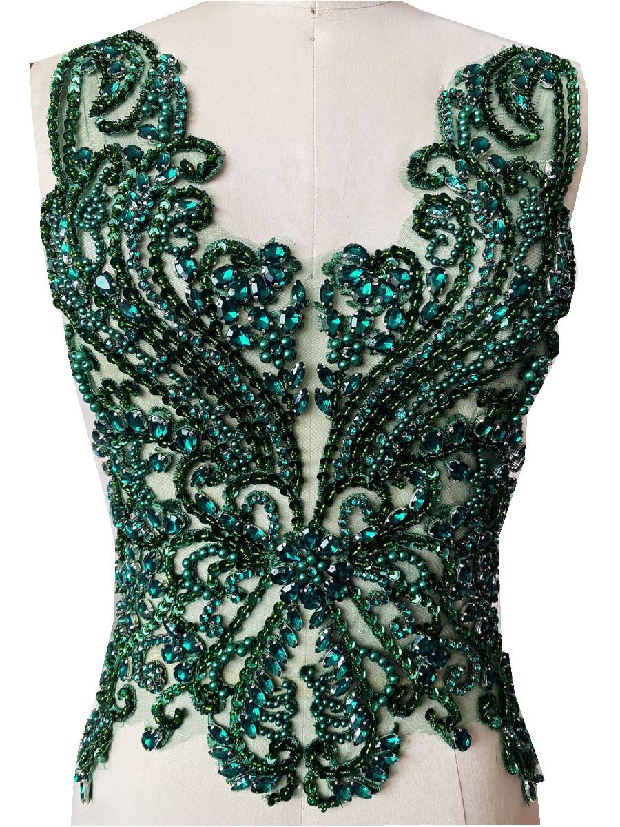 Handmade 16 Colour Rhinestones lace Bodice Applique sew on Beads Sequins Trimming Patches for Dress Clothing Accessories (deepgreen)